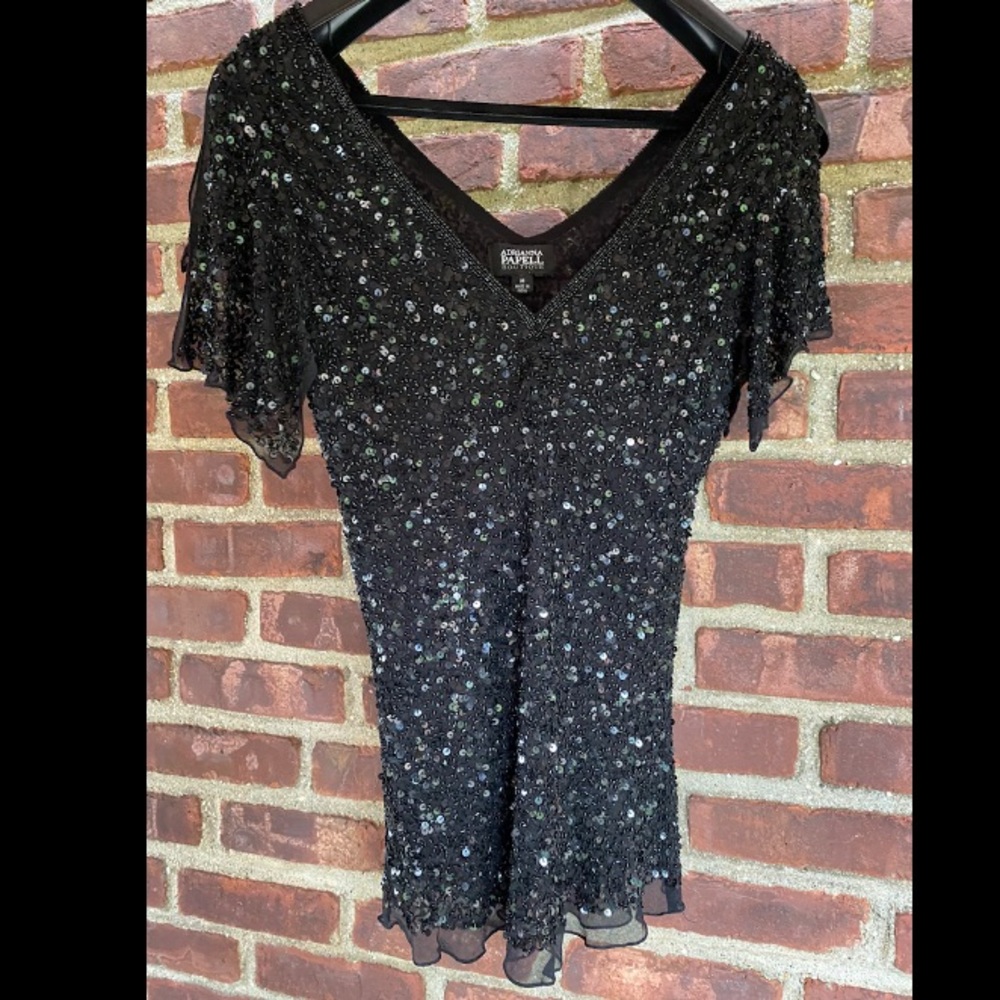 Adriana Papell Boutique Sequin Bead Top M shirt party jewel blouse gorgeous EUC